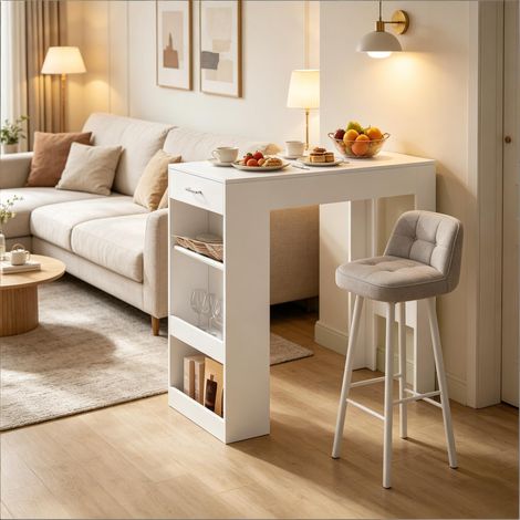 Bartisch Holzwerkstoff Weiß 100x50x100 cm mit Schublade, Weinregal und 2 Ablagen
