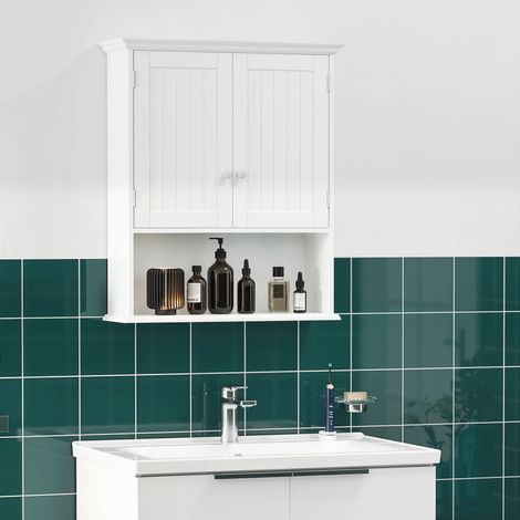 Blanc - Armoire murale salle de bain 2 portes fermeture magnétique, étagère ouverte et réglable, pour cuisine couloir salon, 60x20x70,5 cm