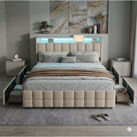 Lit 140x200 avec tiroirs,lit double capitonné,lit adulte,avec sommier à lattes,LED réglable,USB,4 tiroirs,tissu en lin,Beige (1/5)