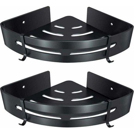Étagère d'angle pour salle de bain, sans perçage, en aluminium, adhésive, pour shampoing, savon et serviettes, avec crochets (triangulaire, noire, 2 unités) (1/4)