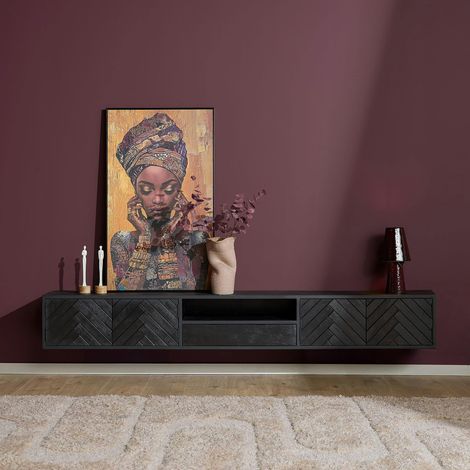 Meuble TV suspendu bois noir 4 portes 200 cm ALVERA (1/5)