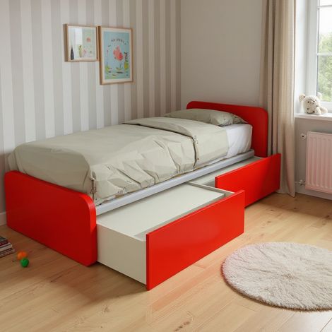 Letto singolo con cassetti 80x190 per cameretta - Design personalizzabile - Rosso (1/5)