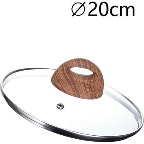 TrAdE Shop Traesio - Coperchio In Vetro Temperato Per Pentola Padella Ricambio ø16 A 32cm Pomello Effetto Legno -    -diametro 20cm   -