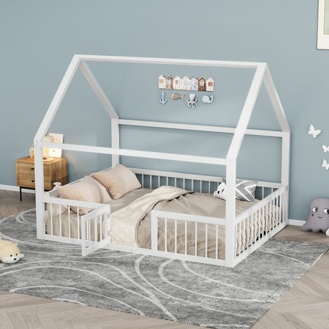 Cama infantil 140x200cm estructura con techo barandilla de seguridad metal color blanco (Sin colchón)