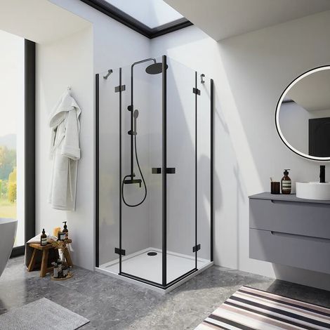 Cabine de douche 90 x 100 cm à double battant avec charnières profilés noir mat et verre transparent 8 mm h195 Fiji (1/3)