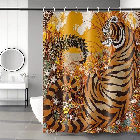 Rideau de Douche 180x200cm avec 12 Crochets, Séchage Rapide (Motif Tigre), Tissu Polyester Imperméable Lavable en Machine, Drap de Bain pour Salle de Bains (1/4)