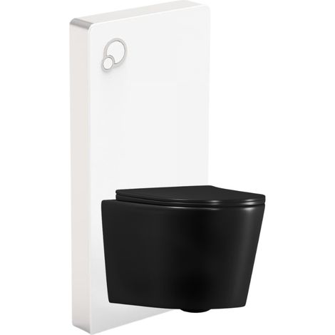 Pack WC Bastidor Glass blanco con placa integrada + Inodoro suspendido Ceramia sin brida con tapa SoftClose (STGLWCE14BMT01-IN)