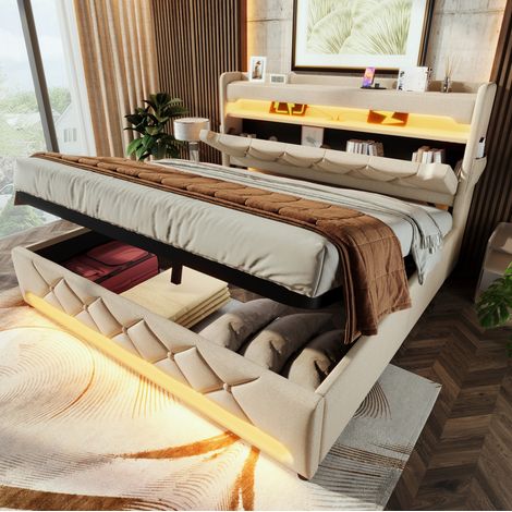 Lit double en lin beige 140x200 cm avec LED 360°, tête de lit avec USB/Type-C et rangement hydraulique (1/5)