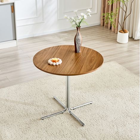 Table ronde moderne en MDF effet noyer avec base en métal chromé, Ø 85 cm, h 76 cm, OKWISH (1/5)