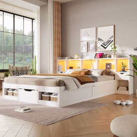 Lit double 2 places 140x200 cm avec tête et pied de lit rangement, 3 tiroirs, niches, LED 7 couleurs, USB, cadre MDF et contreplaqué blanc (1/5)