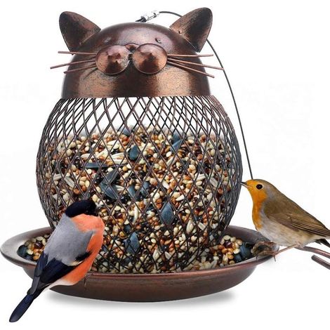 Mangeoire suspendue pour oiseaux avec cadre en métal, anti-écureuils, en forme de chat, décoration de jardin (1/4)