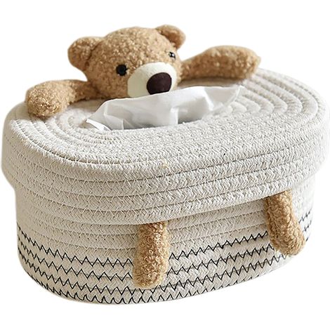 【Boite à papier】 Petit ours brun, modèle lignes noir, tissu avec cordon, design minimaliste nordique, rectangulaire (1/4)