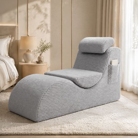 Fauteuil relax 160x66x90 cm en tissu côtelé gris clair, gain de place pour salon FLORAGRACE (1/5)