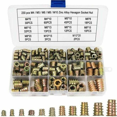 230 pezzi di dadi esagonali M4 M5 M6 M8 M10 con inserti filettati, dadi esagonali filettati in lega di zinco per kit di utensili per dadi per mobili in legno (1/4)