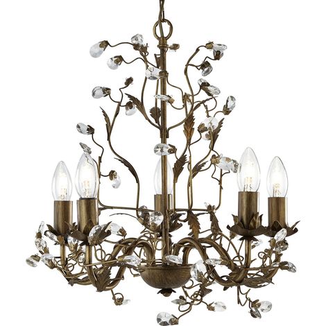 Almandite, plafoniera a 5 fiamme, finitura oro marrone con copertura in foglia e cristalli decorativi trasparenti (1/5)