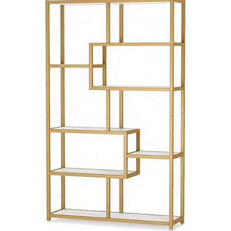 Libreria aperta in metallo dorato e pannelli effetto marmo bianco, 8 ripiani (1/5)