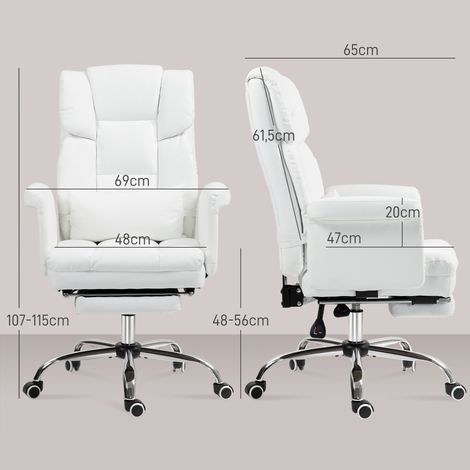 Fauteuil de travail ajustable inclinable, coussin dorsal intégré, hauteur réglable, repose-jambes, assise rotative, parfait pour le home office. Revêtement en cuir synthétique blanc. (1/5)