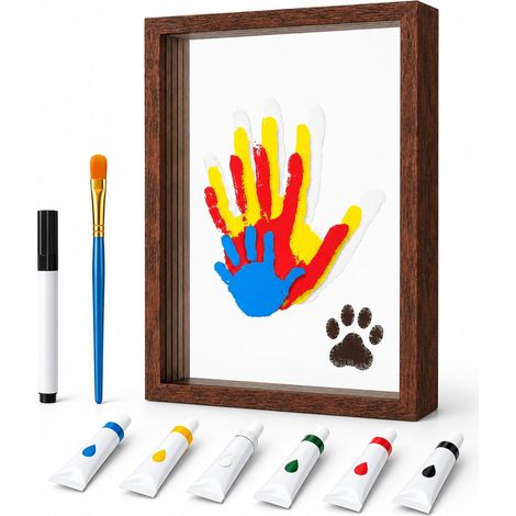 Wooden Transparent Handprint Frame Set, Diy Family Memorial Gift Kit, Acrylic Board, Colorful Paints, Clay Imprint Craft Frame for Couple, Parent & Child – Creative Gift (Walnut) (1/5)