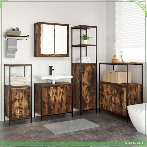 Ensemble de mobilier de salle de bain - 5 pcs - Chêne fumé et noir - Bois d'ingénierie & acier - Miroir intégré (1/5)