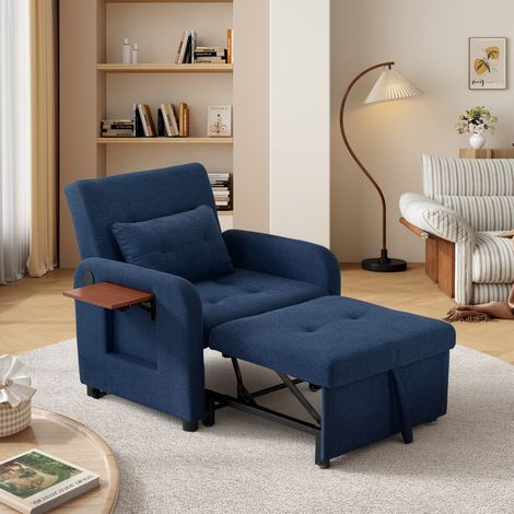Canapé-lit pliable 1 place multifonction, convertible en position assise ou allongée, avec USB, table pliante, coussin et dossier réglable,bleu foncé (1/5)