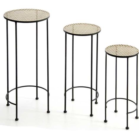 Set 3 tavolini in metallo con piani in vimini cm 30x70cm 26x60 e cm 22x50 (1/2)