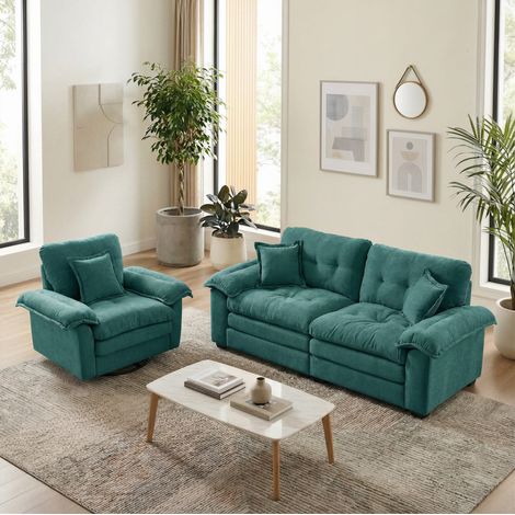 Canapé en chenille verte rembourrée, fauteuil pivotant + loveseat 2 places à assise profonde (1/5)
