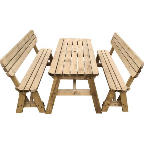 5ft (150cm) Picnic table and bench set, rustic brown finish, Victoria with backrest rounded corners