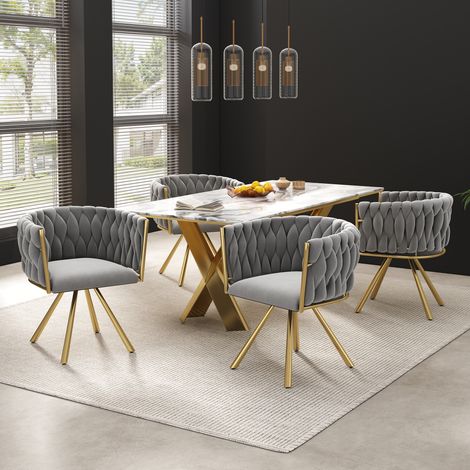 Set di 4 Sedie da Sala da Pranzo Girevoli a 360° Poltrona Relax in Velluto Stile Moderno Grigio e Oro