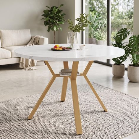 FurnitureR White Marble Round Dining Table 100cm with Black X Base (1/5)