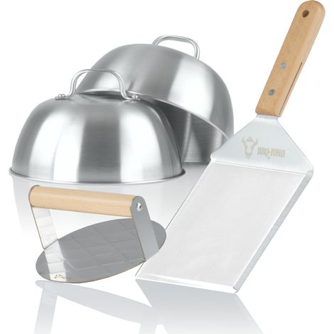 BBQ-Toro Edelstahl Smash Burger Set, 4-teilig, Set mit Burgerglocken, Smasher, Pfannenwender