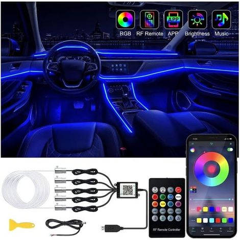 Bande LED intérieure pour voiture avec application sans fil et télécommande, kit d'éclairage d'ambiance RGB 5 en 1 avec fibre optique de 236 pouces (1/4)