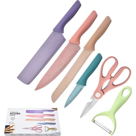 Lot de 6 couteaux en acier inoxydable avec manche en paille de blé, couteau de cuisine polyvalent, éplucheur et ciseaux inclus, épaisseur 1,0, coffret cadeau (1/5)