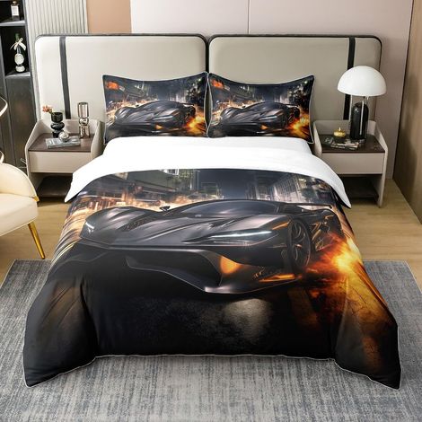Housse de couette 135 x 200 cm - 100 % coton - Motif voiture de course - Motif : voiture de course - Motif : voiture de sport - Flamme rouge brûlante - Décoration de chambre à coucher - Avec 1 taie (1/5)