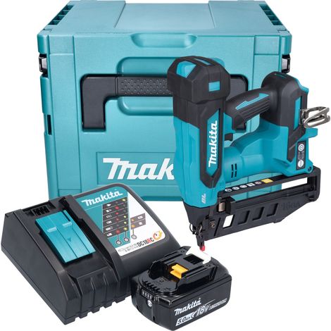 Clavadora a batería Makita DBN 601 RT1J 18 V 19 - 64 mm sin escobillas + 1 batería de 5,0 Ah + cargador + Makpac