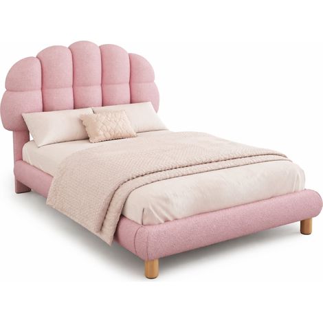 Letto singolo 90x200 cm imbottito per bambini e ragazzi, tessuto bouclé rosa, rete a doghe in MDF, testiera regolabile su 2 altezze - CHICFURN (1/5)
