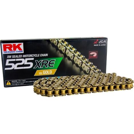 CADENA DE TRANSMISIÓN RK GB525XRE-118 (XW-RING) CON LENTE (CLF) INCLUIDA, COLOR DORADO (CAPACIDAD: HASTA 1000 CCM) (42 KN)