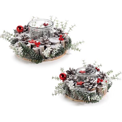 Portacandela / centrotavola di Natale con base in legno e decorazioni in pigne innevate, rami di abete, set da 2 pezzi, Grande: Ø 19 cm x 9,5 H