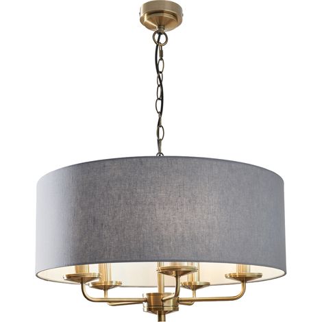 Litecraft Celia Ceiling Pendant Bluish Grey Drum Shaded 5 Light - Antique Brass (1/5)