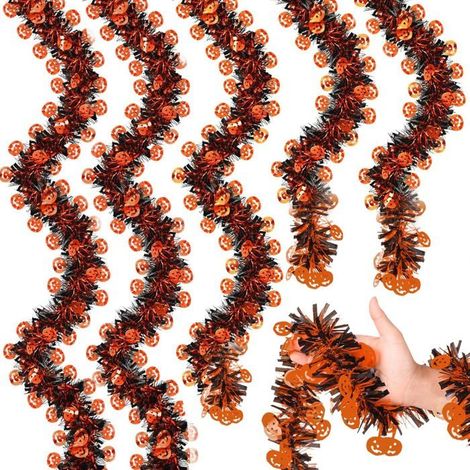 5 couronnes suspendues d'Halloween en forme de citrouille orange vif et noire, 10 mètres de long, décorations de fête torsadées (1/5)