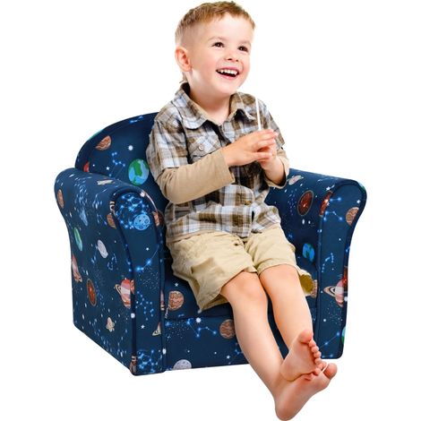 Kids Planet-Themed Armchair, with Non-Slip Feet, Wooden Frame - Blue