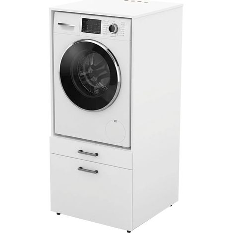 Mobile Lavatrice Con Cassettone E Mensola Estraibile Mobiletto Lavanderia O Asciugatrice Salvaspazio Con Vano Incasso Piano D' Appoggio E Contenitore Bagno Ripostiglio 67 × 65 × 144 Cm Bianco