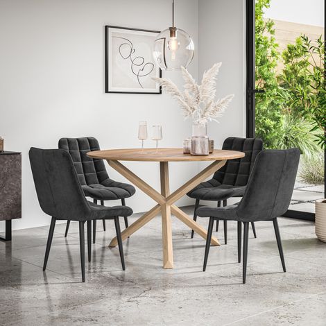 Malvern Round Dining Table And Chairs - Oak Table Top w Solid Oak Legs + Nova Velvet Dining Chair Set Of 4 (Black) (1/5)