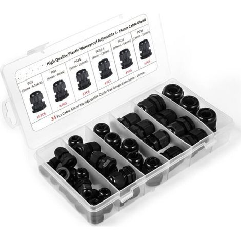 Packung mit 34 wasserdichten Kabelverschraubungen aus Kunststoff – Modelle PG7, PG9, PG11, PG13.5, PG16, PG19 – Wasser- und Staubschutz (1/5)