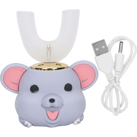 Brosse à dents électrique pour enfants avec motif dessin animé, tête de brosse en silicone en forme de U, violette, 6-14 ans-AquaForge