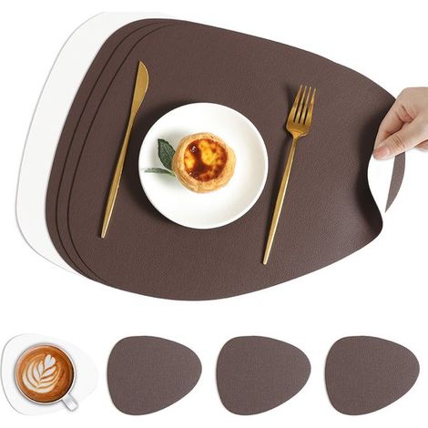 Juego de 4 piezas de manteles individuales posavasos, lavables, de piel, color marrón blanco roto (4 manteles individuales 4 posavasos) (1/5)