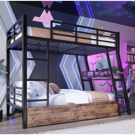 Letto a soppalco moderno 90x200 cm in metallo nero con scrivania, 2 cassetti, scala con protezioni e LED (1/5)