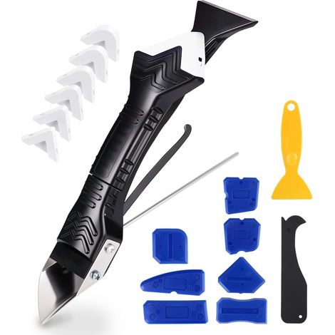 Silikonabzieher-Set, Silikonentferner, Silikonfugenentferner, 5-in-1-Fugenschaber aus Edelstahl, 6 austauschbare Silikonpads, Dichtungsdüsen, für Bad, Küche, Wand und Boden (1/5)
