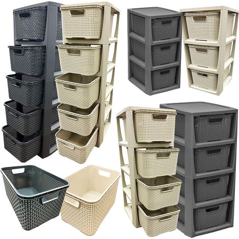 2 x 5 Cream Stylish Rattan Effect Storage Tower Commode Baskets