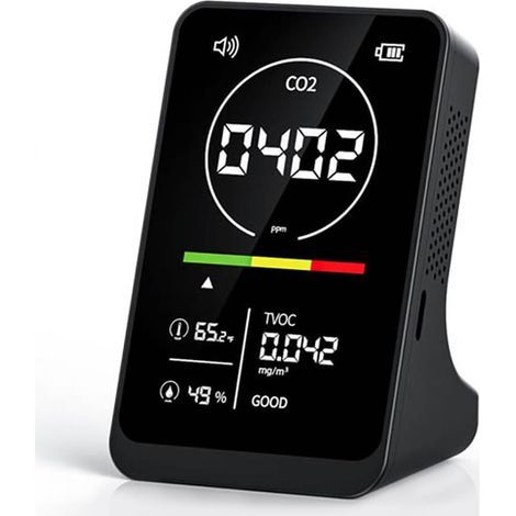 Moniteur de qualité de l'air 4-en-1 : Détecteur de CO2 et de COV, thermomètre et hygromètre — Idéal pour la maison, le bureau, la salle de sport et la voiture (1/5)