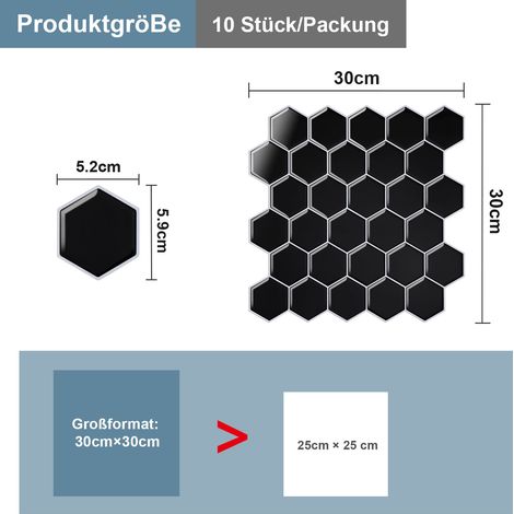 Jiubiaz Fliesenaufkleber 30x30cm Fliesen-Folie 10 PCS Deko selbstklebende Klebefliesen Schwarz für Küche Bad Wohnzimmer Zimmer (1/5)